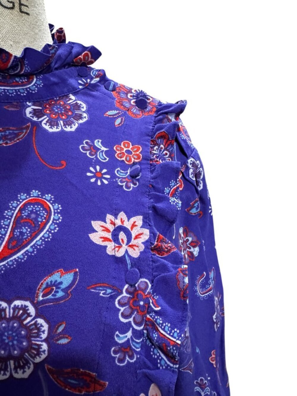 Claudie Pierlot Silk Floral Blouse Ruffle Neck Size 38 Blue Red Paisley - Picture 5 of 9
